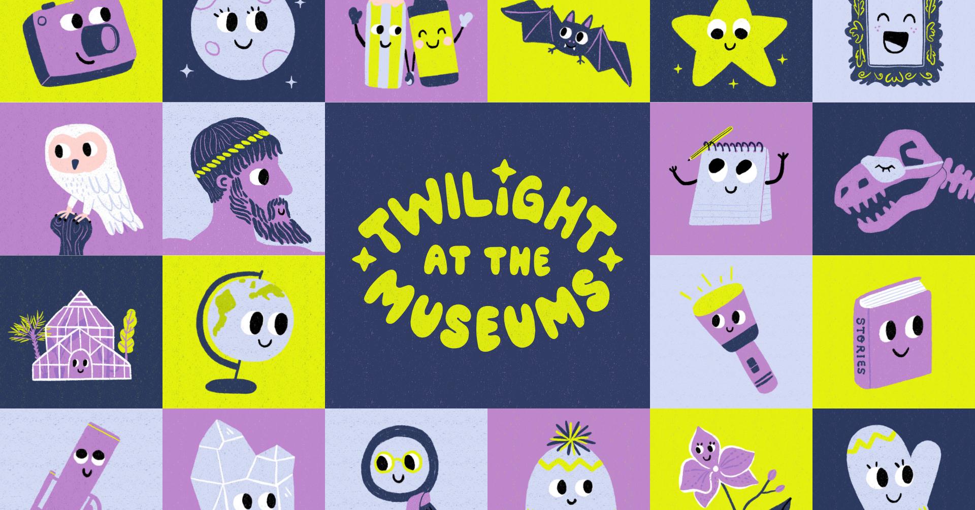 Twilight at the Museums Colourful illustrations representing the University of Cambridge Museums. Text reads 'Twilight at the Museums'