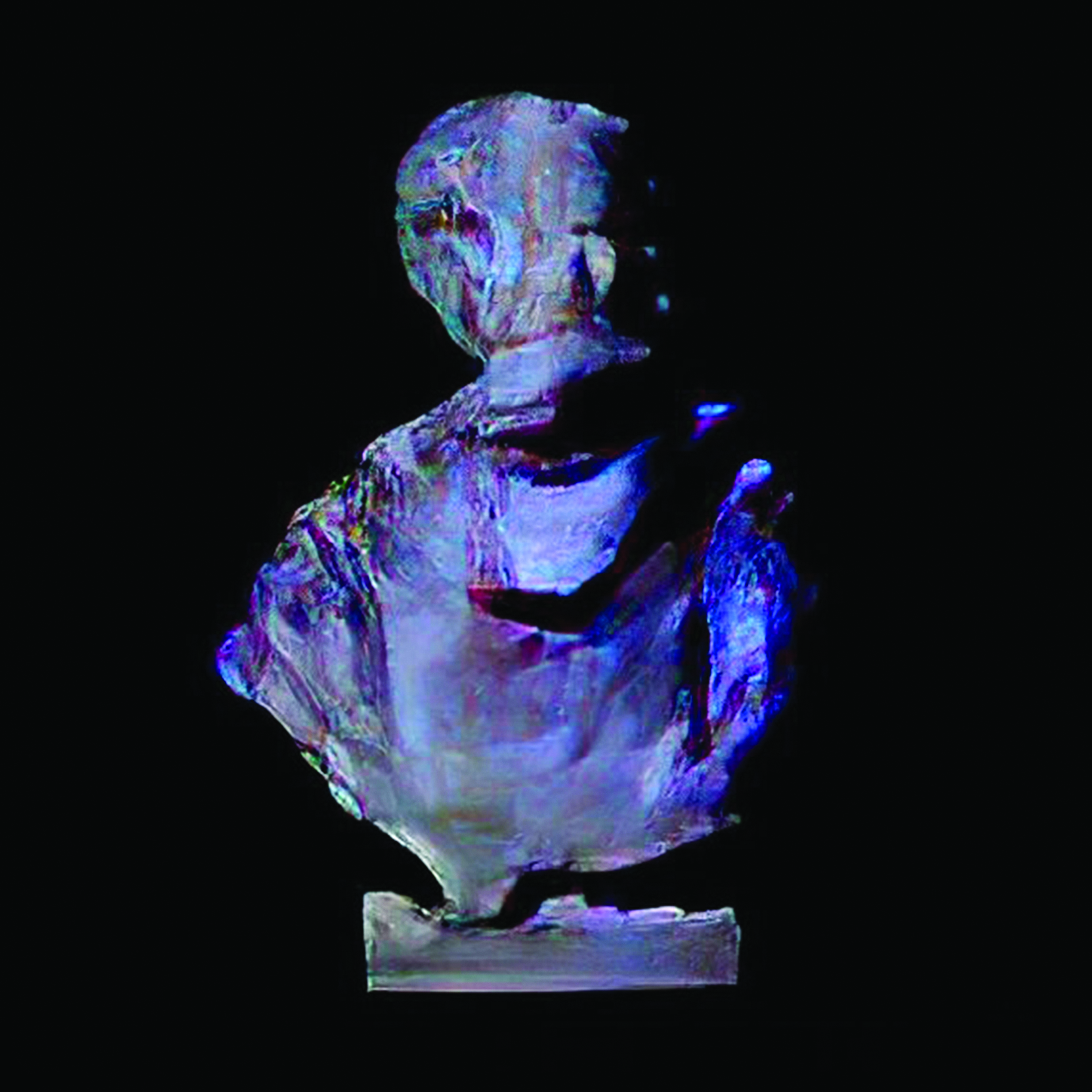 distorted digital render of a bust in blue and purple