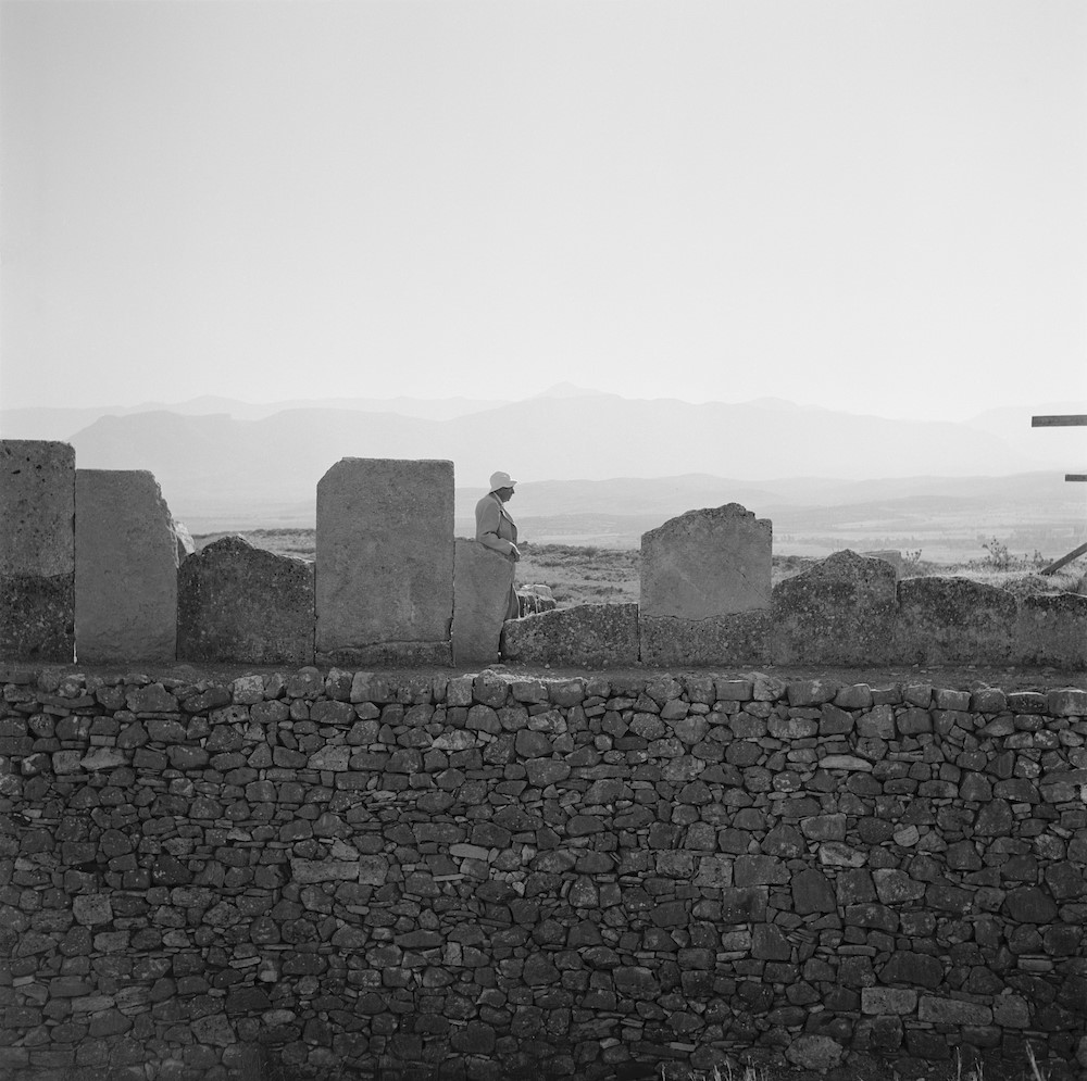 Black and white view of wall with monuments on top and man in profile