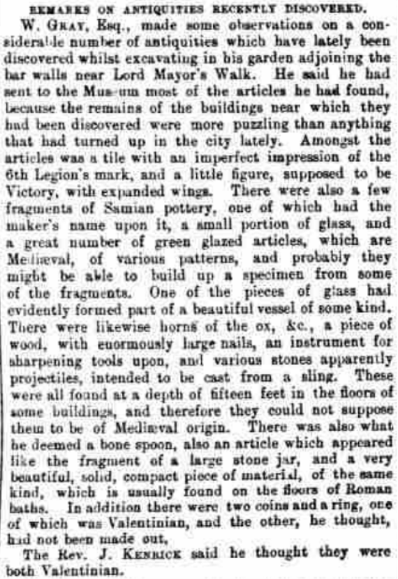 Figure 3: Newspaper cutting from page 10 of the York Herald, Saturday 8th June 1861. This records the excavation of a building near to the present Monkgate Bar on the north-eastern side of the fortress. The Herald was the newspaper owned by William Hargro
