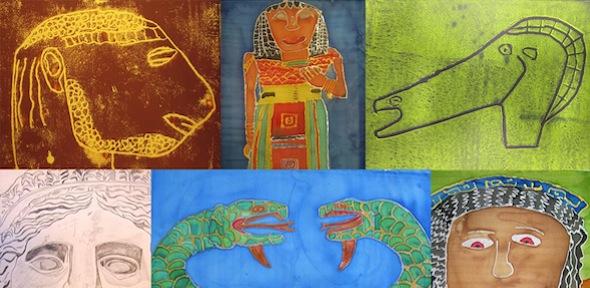 colourful collage: yellow head on brown, female figure in colourful dress, horse's head on green