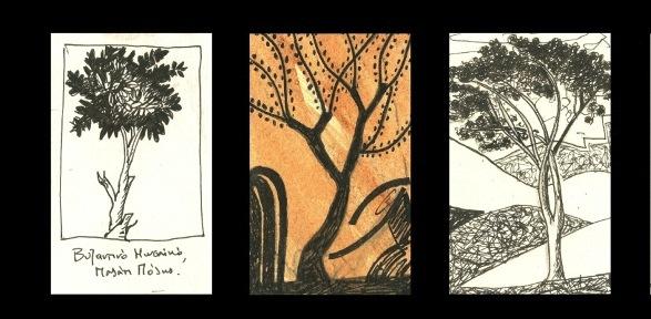Three drawings of trees framed on a black background