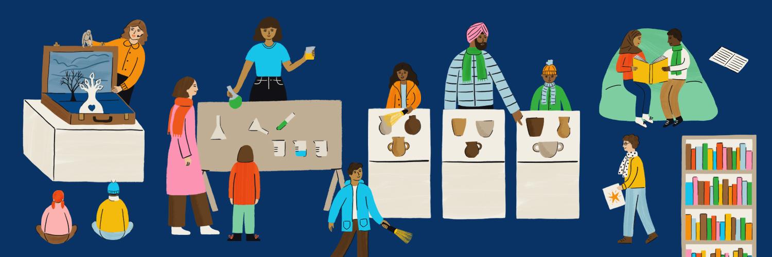 Digital illustration of families exploring museums